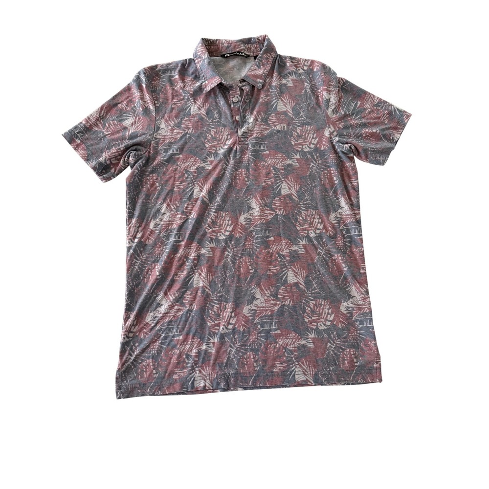 Travis Mathew Mens Polo Shirt Medium Red Grey Tropical Palm Leaf Print Golf Tee